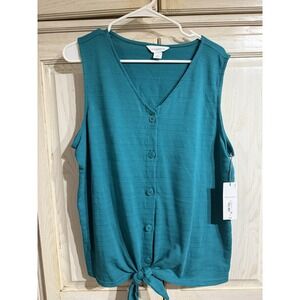 Liz Claiborne Teal V-Neck Button Front Tie Hem Sleeveless Top